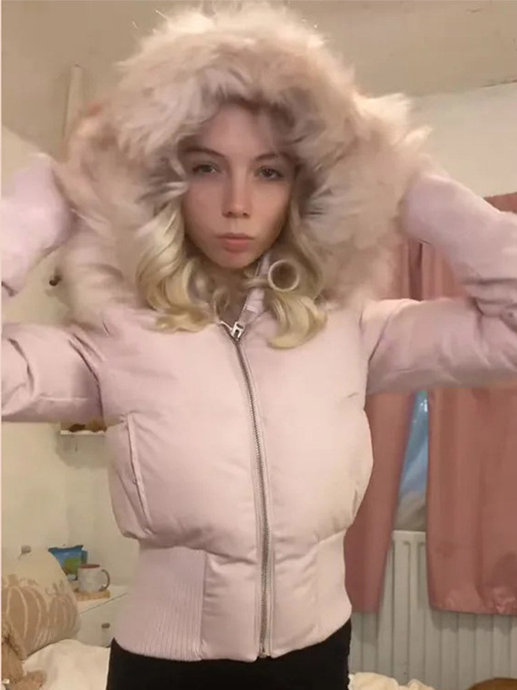 Ladies short quilted bomber style jacket with detachable faux fur hood EVA-US