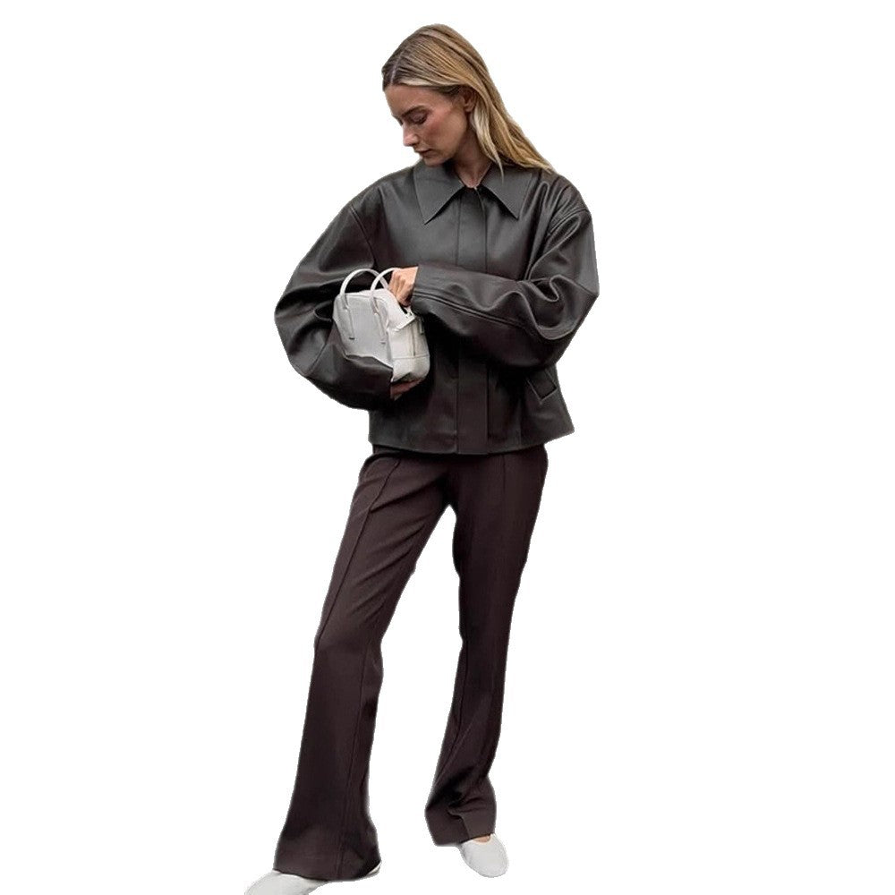 Ladies Cropped Boxy Jacket made of faux leather with oversized collar and concealed zipper placket EVA-US