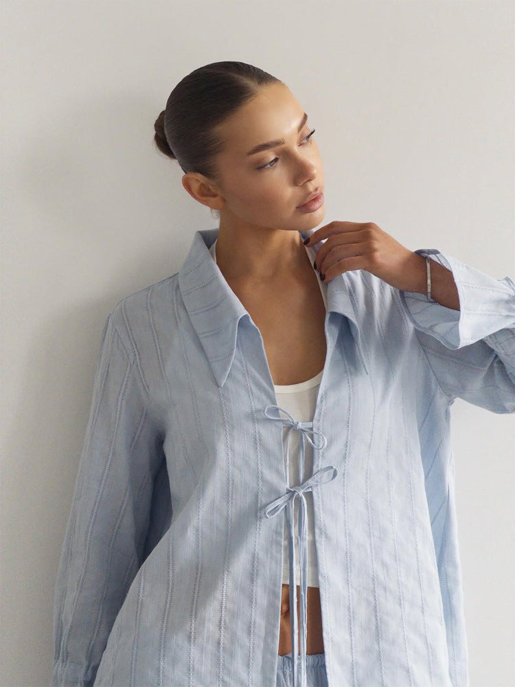 Women Loose Fitting Linen Look Blouse with Decorative Ties and Transparent Stripe Structure EVA-US