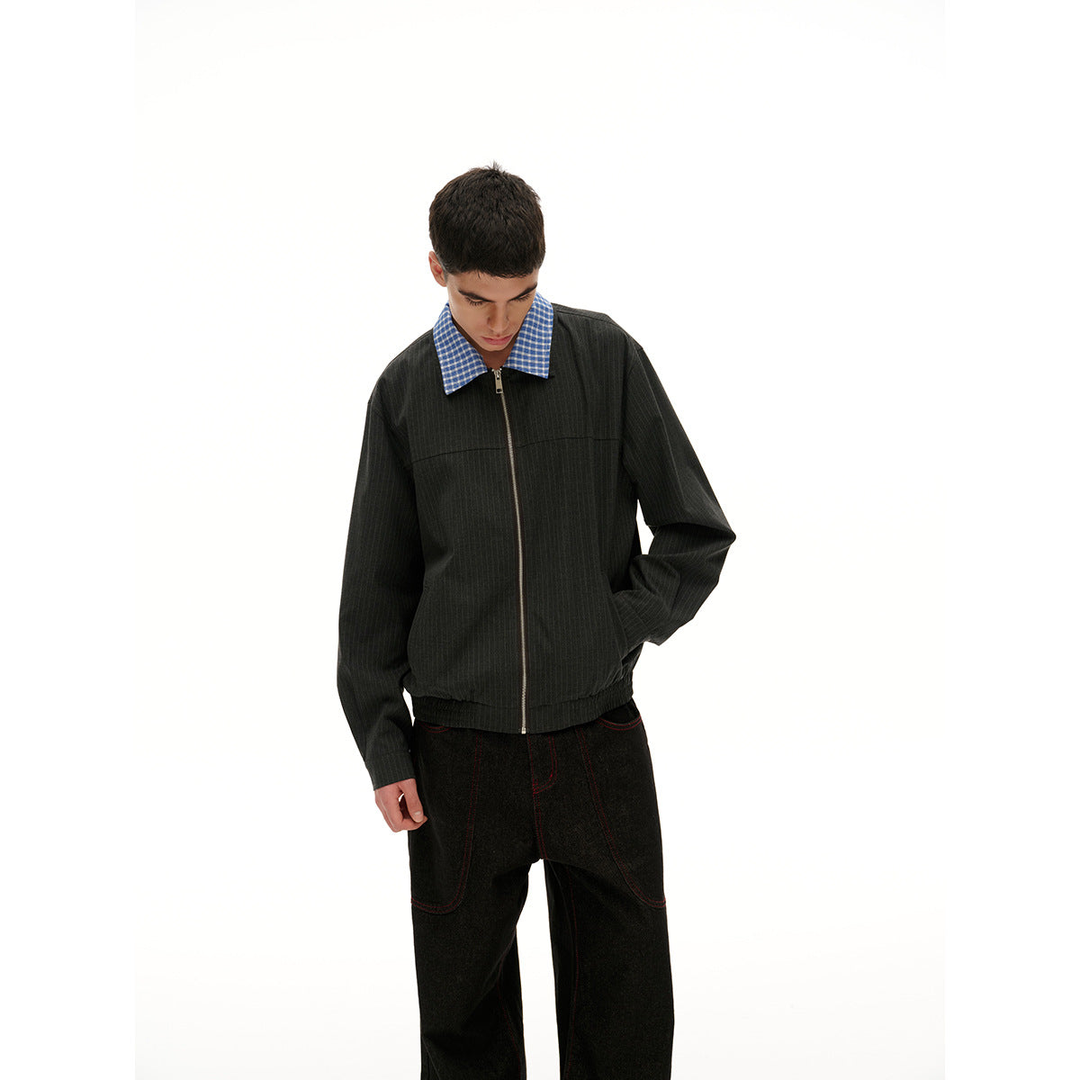 Unisex Short Cut Pinstripe Blouson Jacket with Contrasting Shirt Collar and Full Zipper EVA-US
