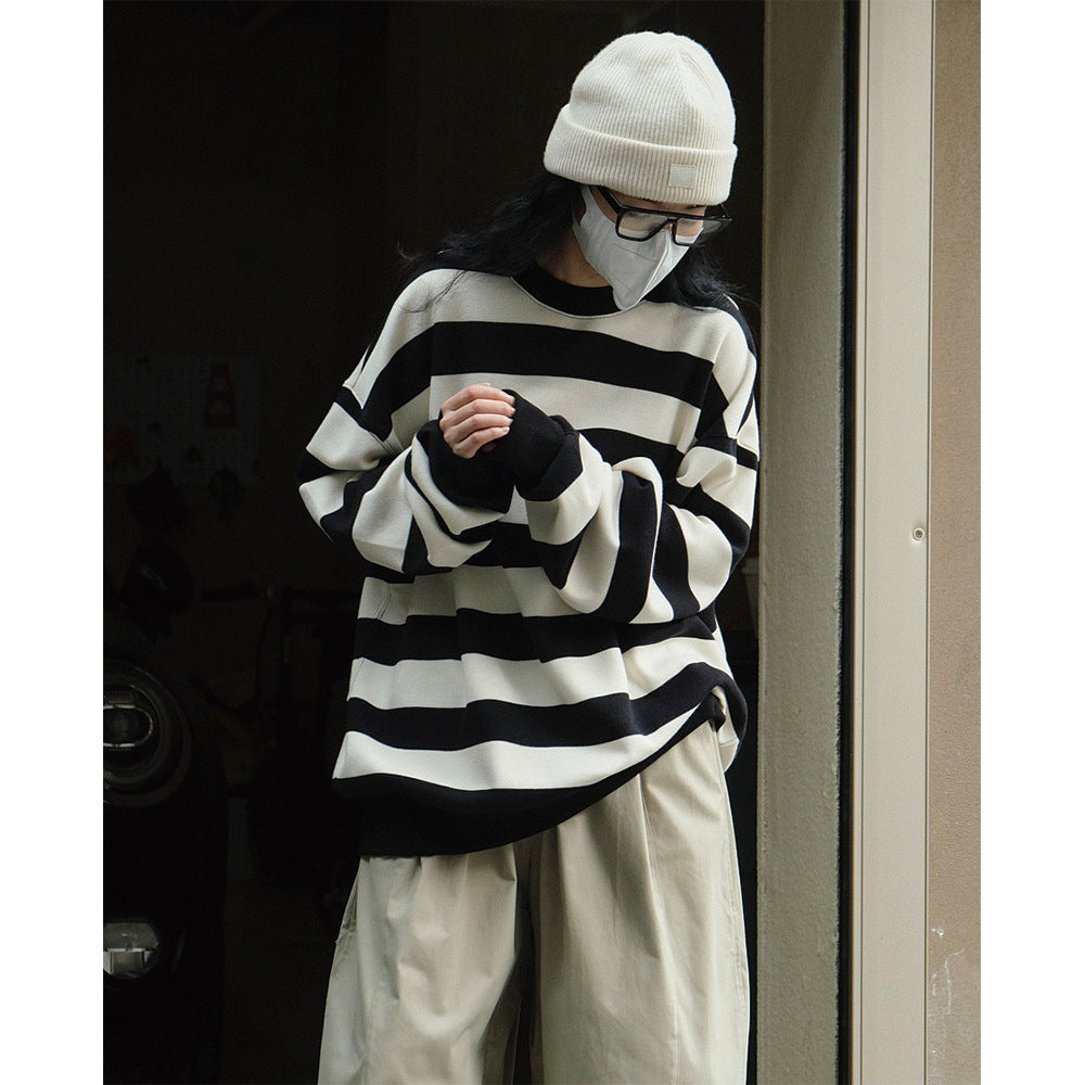 Women’s Oversized Cotton Blend Knit Sweater with Wide Block Stripes and Dropped Shoulder EVA-US