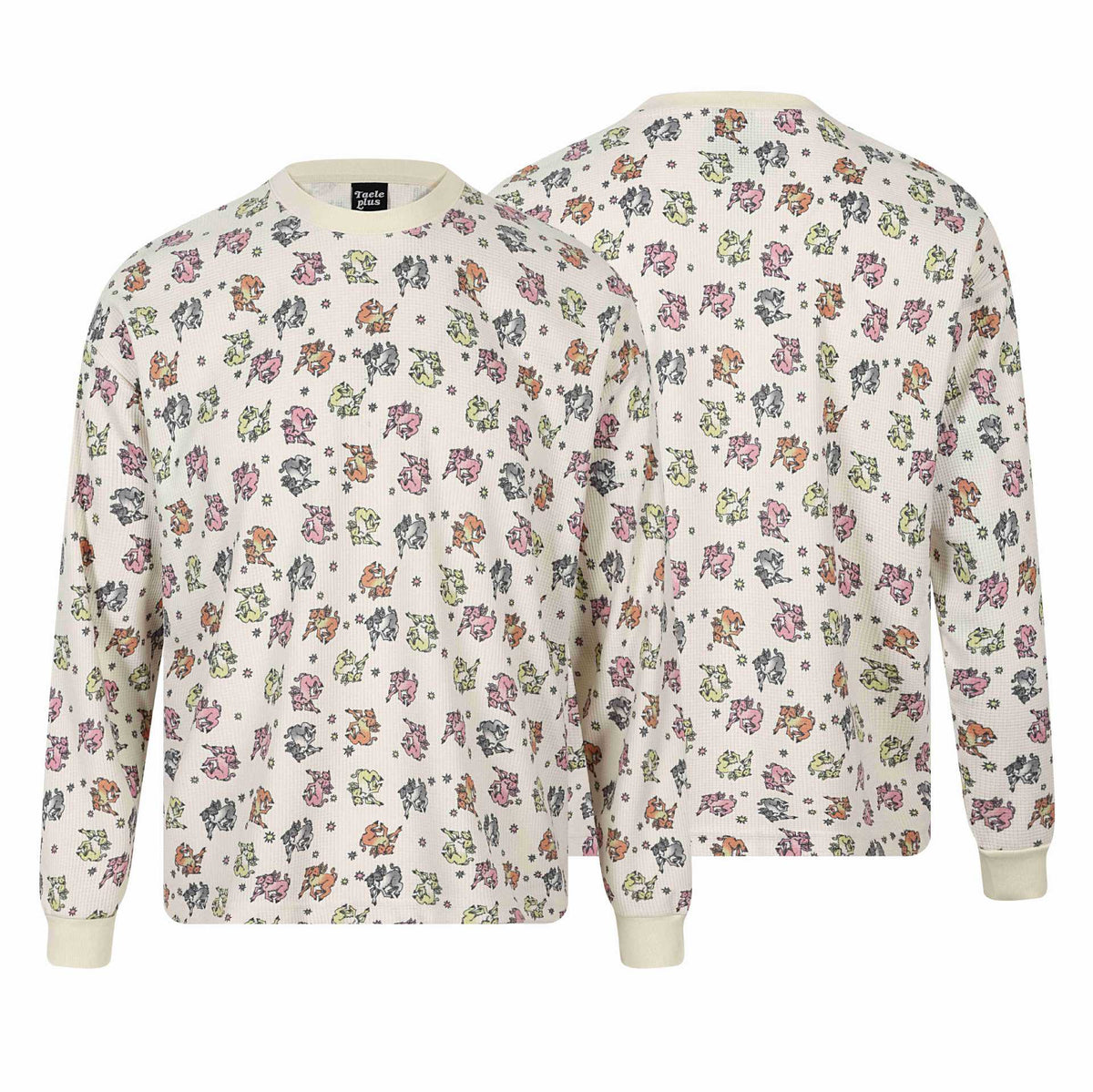 Women's waffle thermal shirt with playful allover print and ribbed round neck