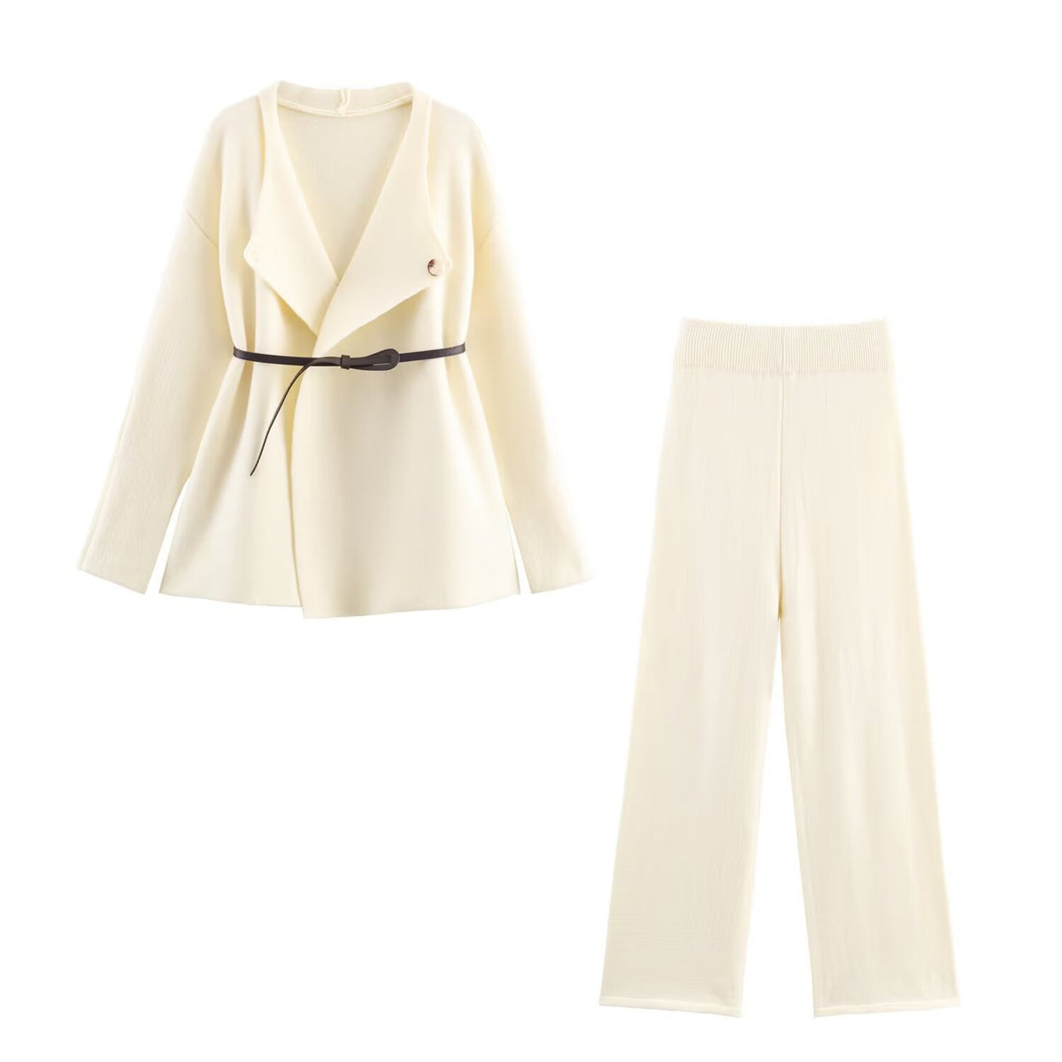 Women's Two-Piece Fine Knit Set with Shawl Collar Cardigan and High-Waist Wide Leg Pants EVA-US