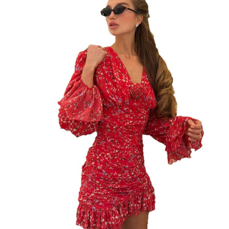 Ladies Tailored Chiffon Mini Dress with Floral Print, Gathered & Ruffle Sleeves EVA-US