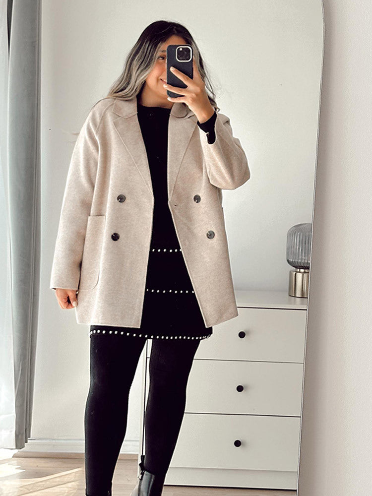 Women's Boxy Wool Blend Cocoon Jacket with Double-Breasted Button Placket and Wide Lapels EVA-US