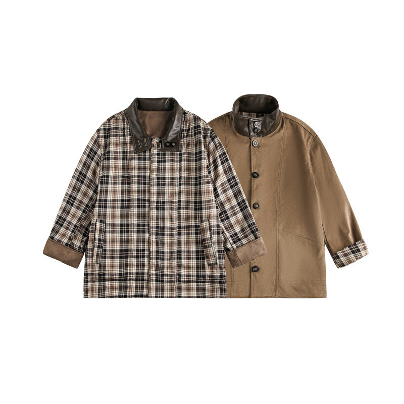 Men's short-cut field blouson in vintage workwear style with faux leather stand-up collar and checked inner lining EVA-US