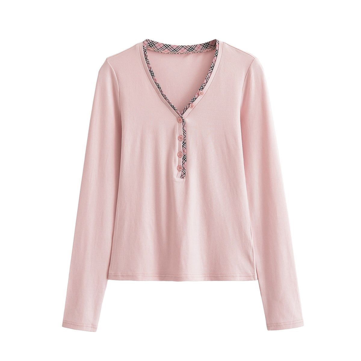 Women's long sleeve shirt with V-neck, button placket and check trim EVA-US