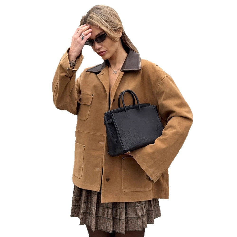 Women's Boxy Short Jacket in Suede Look with Contrast Collar & Patch Pockets EVA-US