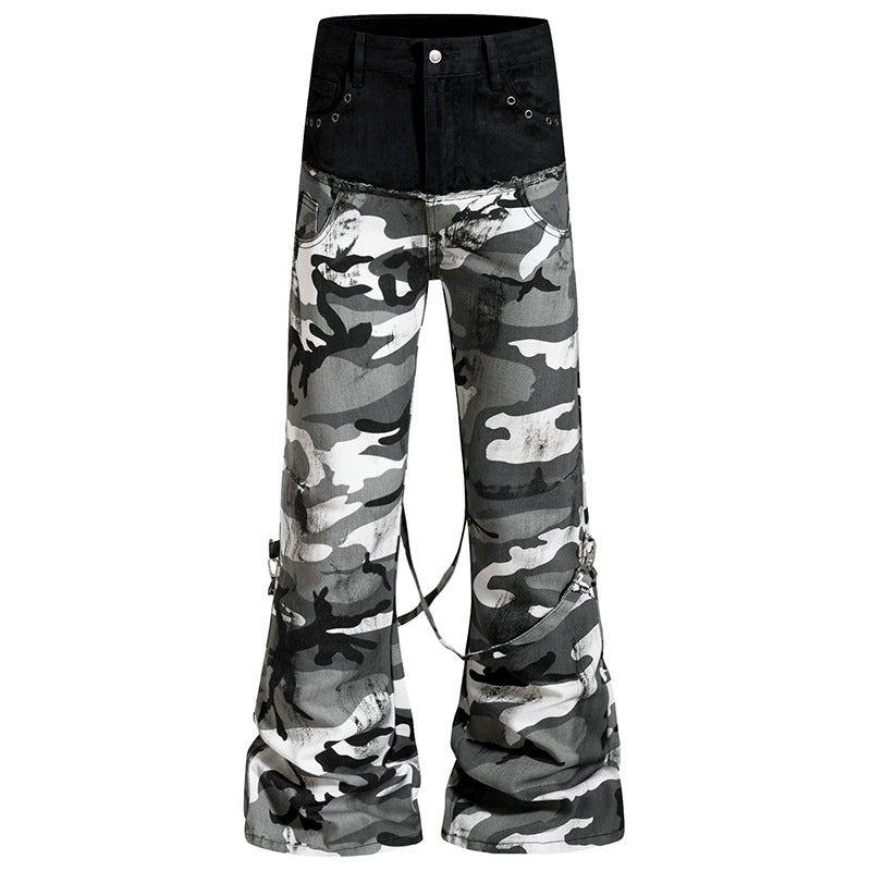 Ladies Wide High-Waist Cargo Pants in Camouflage Look with Bondage Straps EVA-US