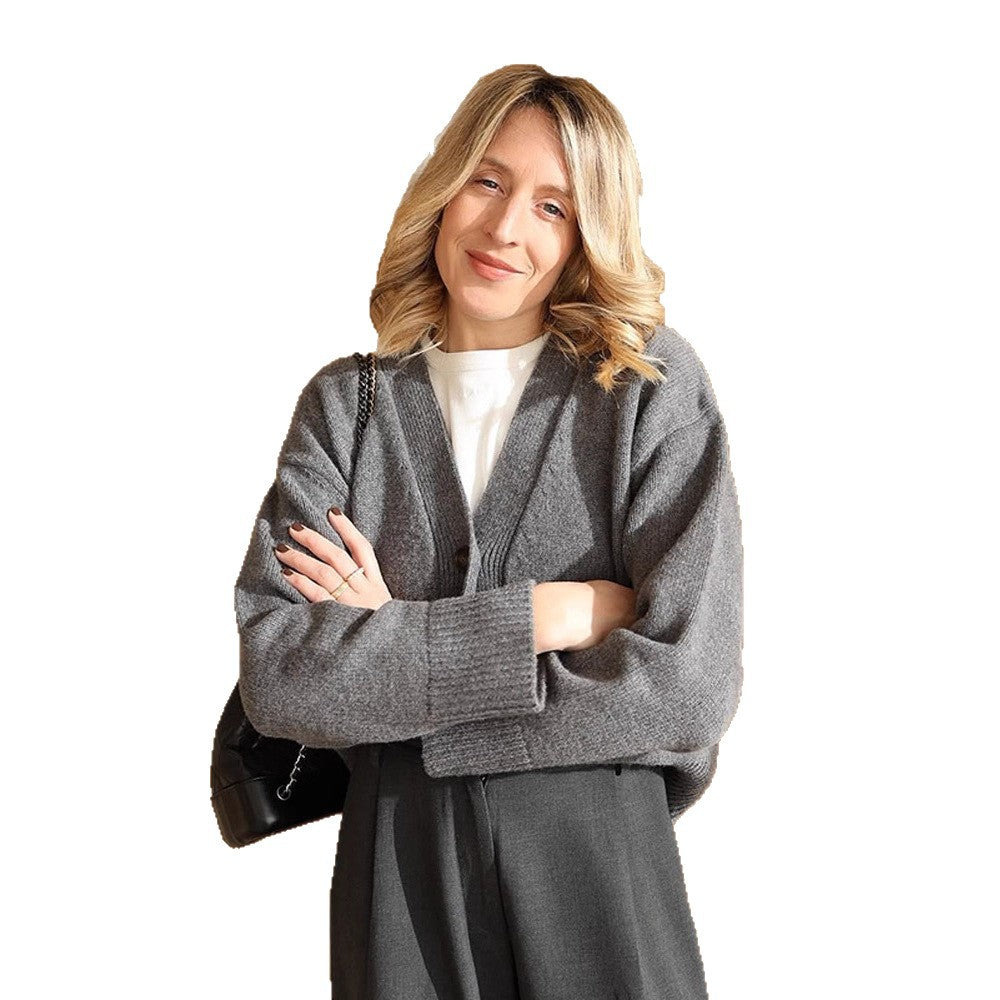 Ladies Boxy Cardigan with V-Neck, Pockets and Horn Buttons EVA-US