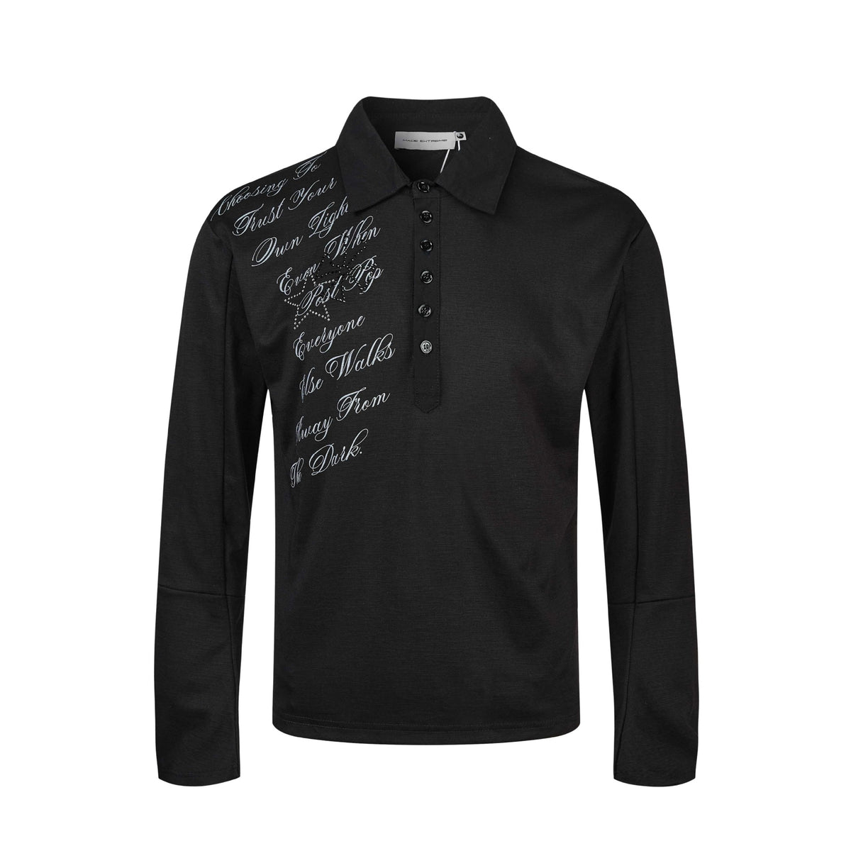 Women’s polo shirt-long sleeve shirt with shirt collar, text print and rhinestone application EVA-US