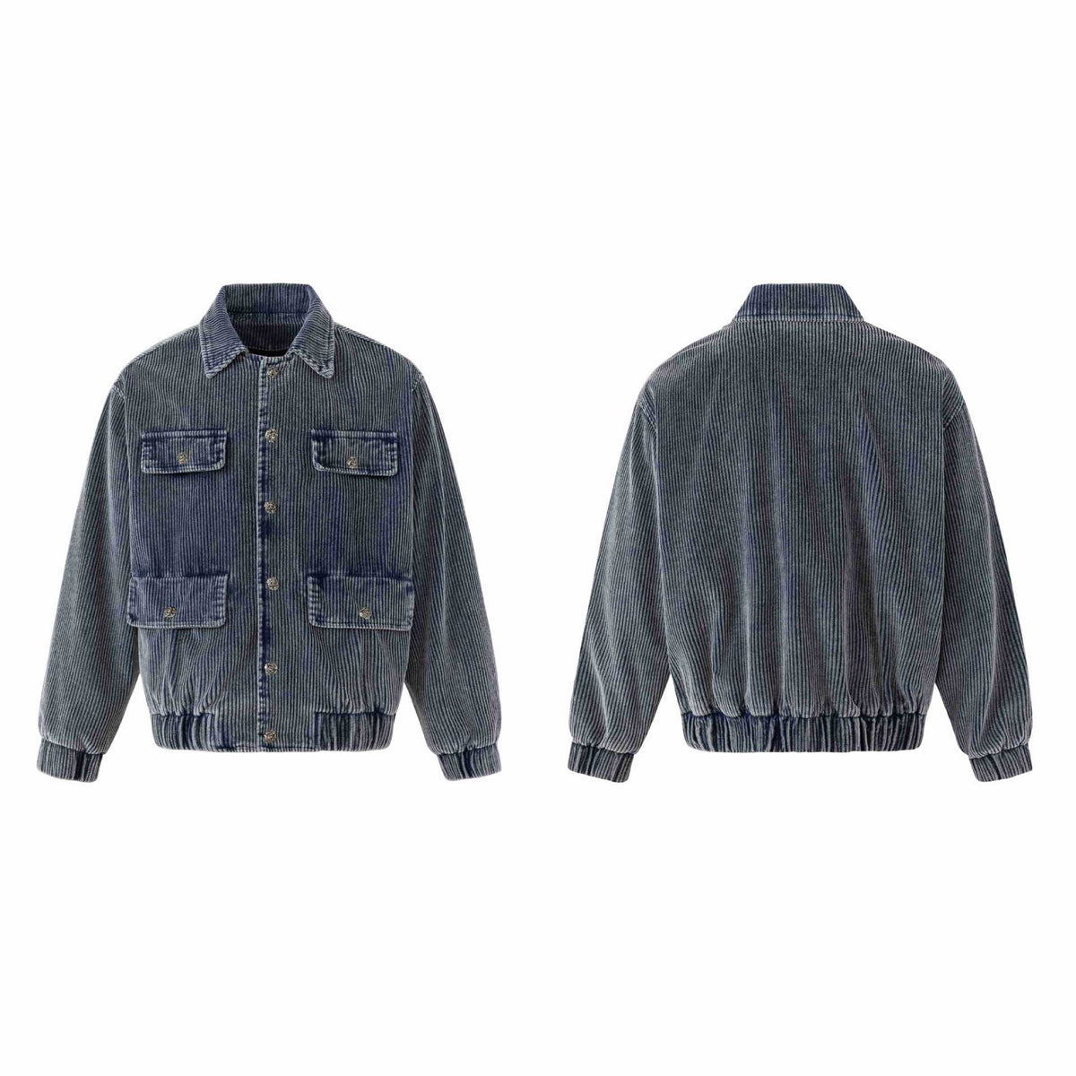 Unisex Short-cut Cord Workwear Jacket in Boxy Cut with Four Flap Pockets and Metal Buttons EVA-US