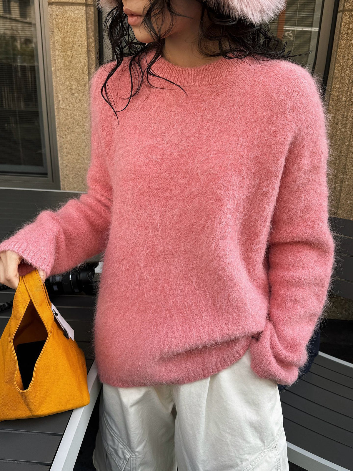 Women Fluffy Mohair-Mix Sweater with Loose Oversize Cut EVA-US