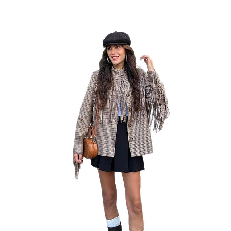 Women's short blazer with fringe and houndstooth pattern EVA-US