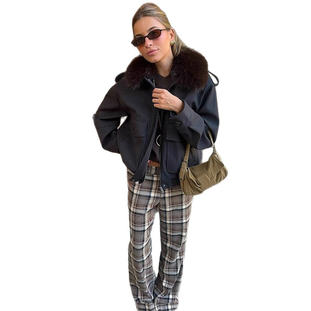 Women's Boxy Short Coat with Voluminous Fur Collar and Zipper EVA-US
