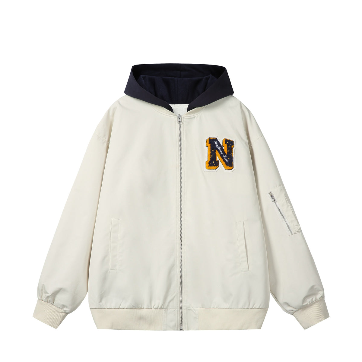 Unisex Boxy-Multi-layer Bomber Jacket with Integrated Hood and Collegiate Patch EVA-US