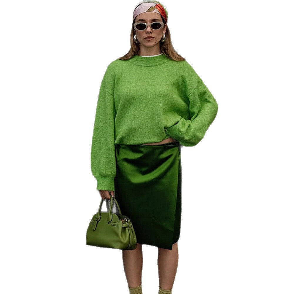 Women's Short Alpaca-Mix Oversized Sweater with Wide Round Neck and Extended Cuffs EVA-US