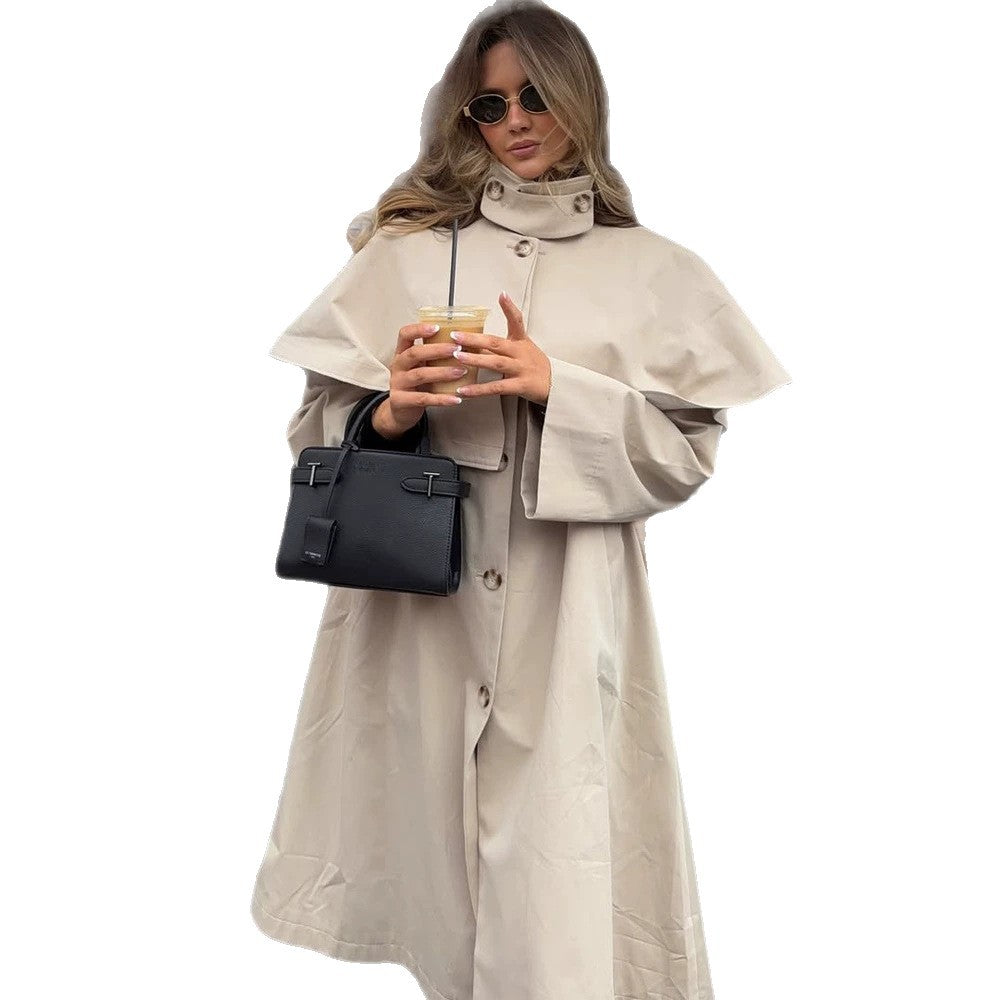 Women's Oversized Trench Coat with Cape Detail and High Stand Collar EVA-US