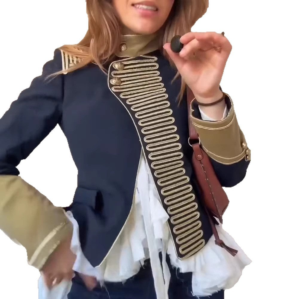 Women’s military-inspired short jacket with golden braid trim and standing collar EVA-US