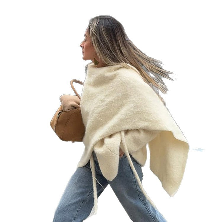 Women Oversize Wool Blend Poncho with Asymmetric Fall and Ties EVA-US