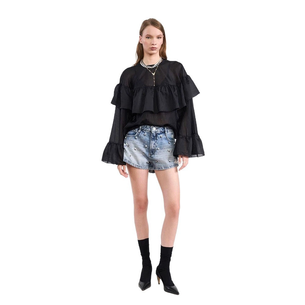 Women's Transparent Ruffle Blouse with Double Ruffle and Bell Sleeves EVA-US