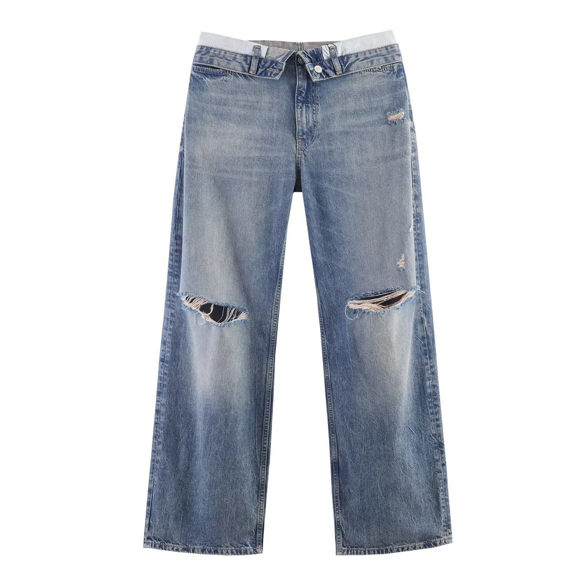 Ladies Wide-Cut Destroyed Jeans with Low Rise and Straight Leg EVA-US