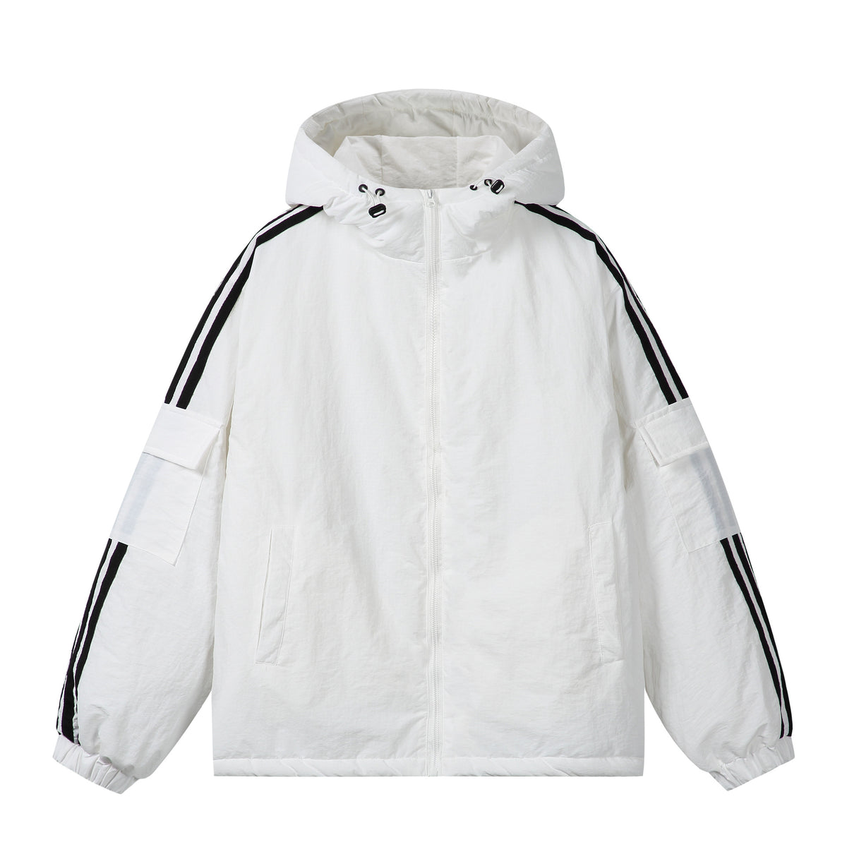 Unisex Short Boxy Padded Hooded Jacket with Sleeve Utility Pocket and Side Insertion Pockets EVA-US