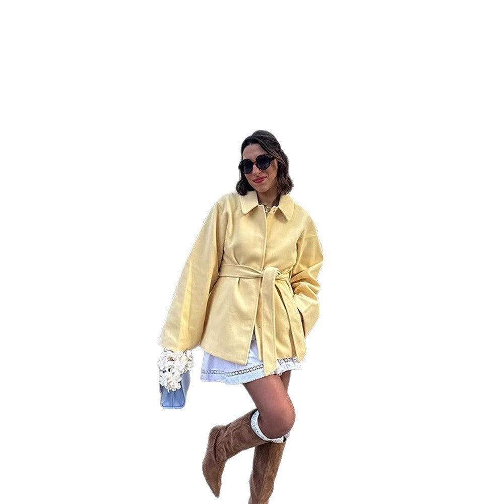 Women's short coat with tie belt, boxy oversized silhouette and wide sleeves EVA-US