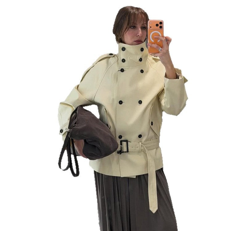 Women Short Double-Breasted Trench Jacket with High Standing Collar and Waist Belt EVA-US