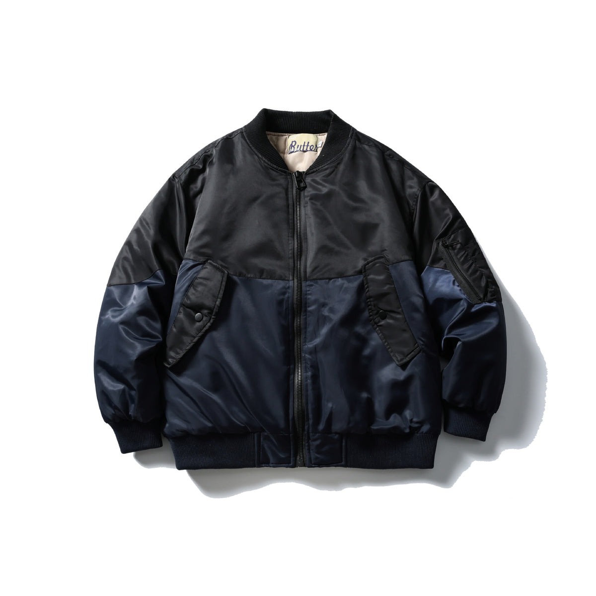 Unisex Short Cut Two-Tone Nylon Bomber Jacket with Utility Flap Pockets and Sleeve Zipper EVA-US