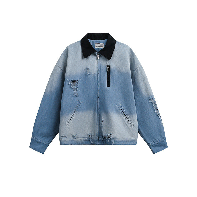 Men's Cropped Denim Blouson Jacket in Used Look with Cord Collar and Distressed Details EVA-US