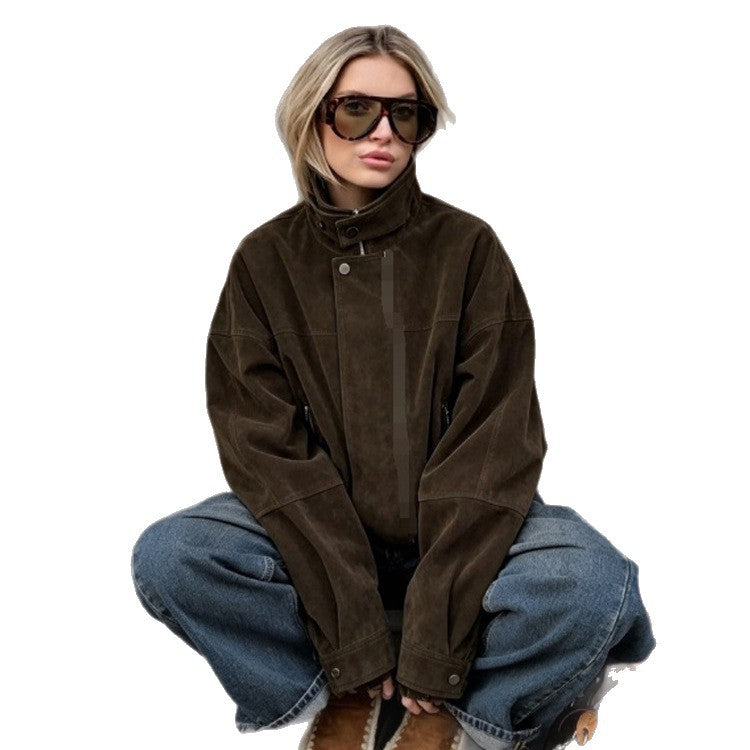 Women's Boxy Suede Bomber Jacket with High Stand Collar and Elastic Hem EVA-US