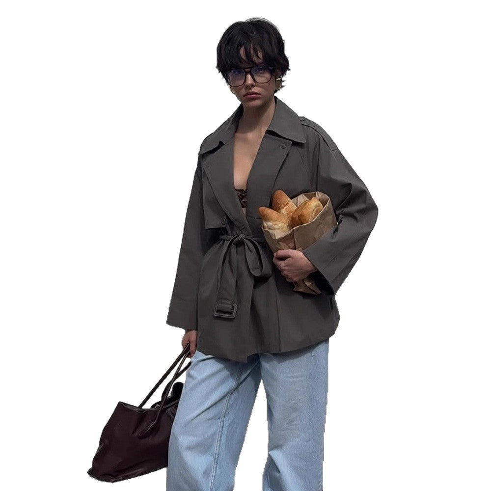 Women Short Trench Coat with Tied Belt and Oversized Sleeves EVA-US