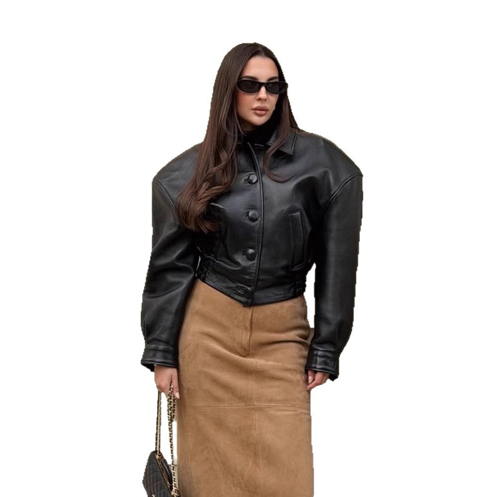 Women's short jacket made of vegan leather imitation in boxy cut with oversized shoulders and hidden button placket EVA-US