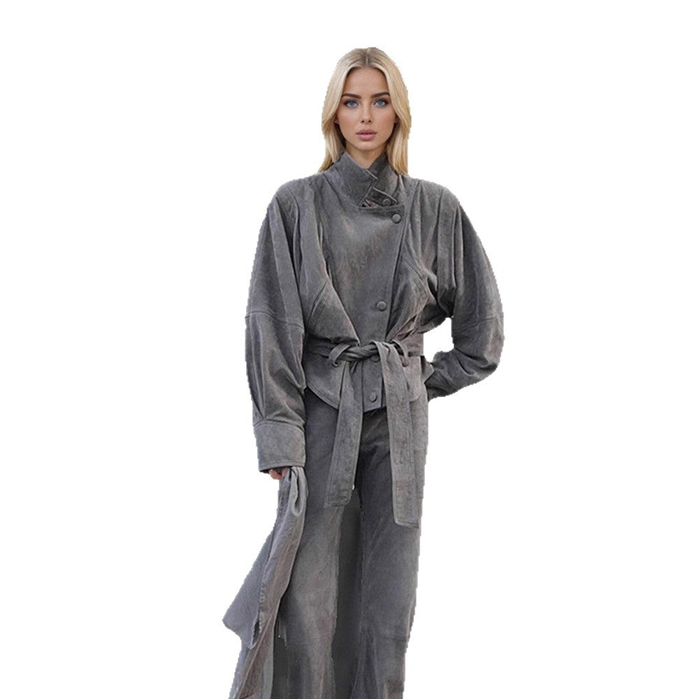 Women's short jacket made of faux suede with a high stand-up collar, waist belt, and boxy oversized silhouette EVA-US