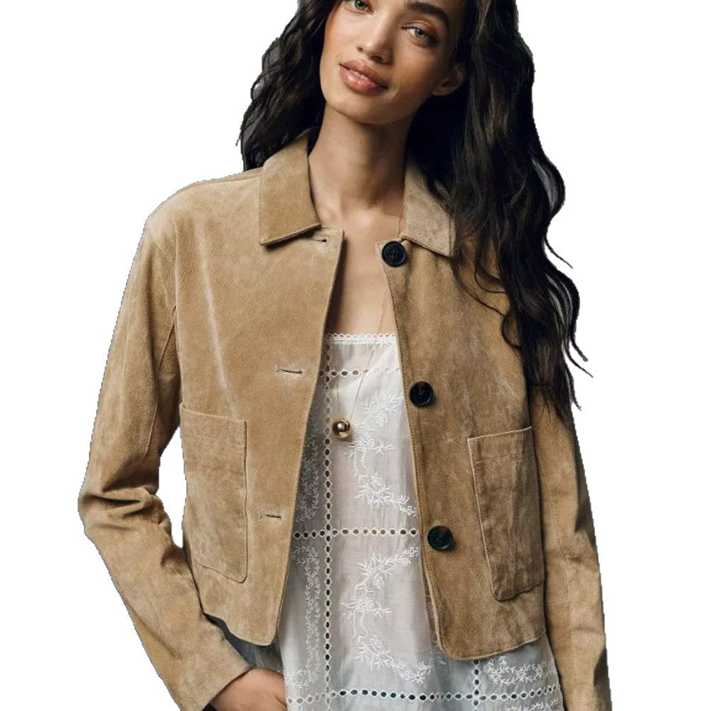 Women Short Suede Jacket in Clean-Cut with Patch Pockets EVA-US
