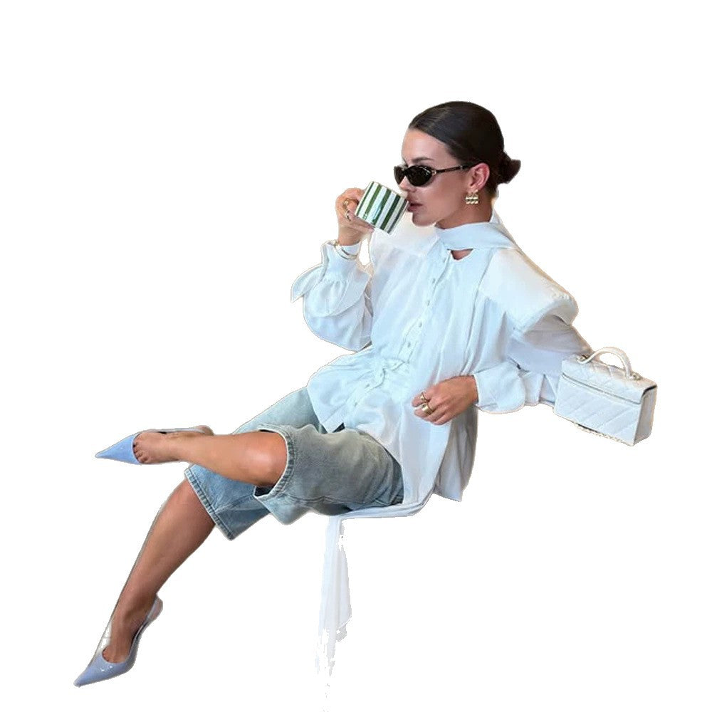 Women Elegant Blouse with Tie Collar, Emphasized Shoulders and Long Ties EVA-US