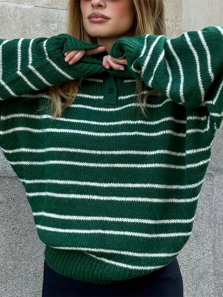Women's Oversized Knit Sweater with Polo Collar & Stripe Pattern EVA-US