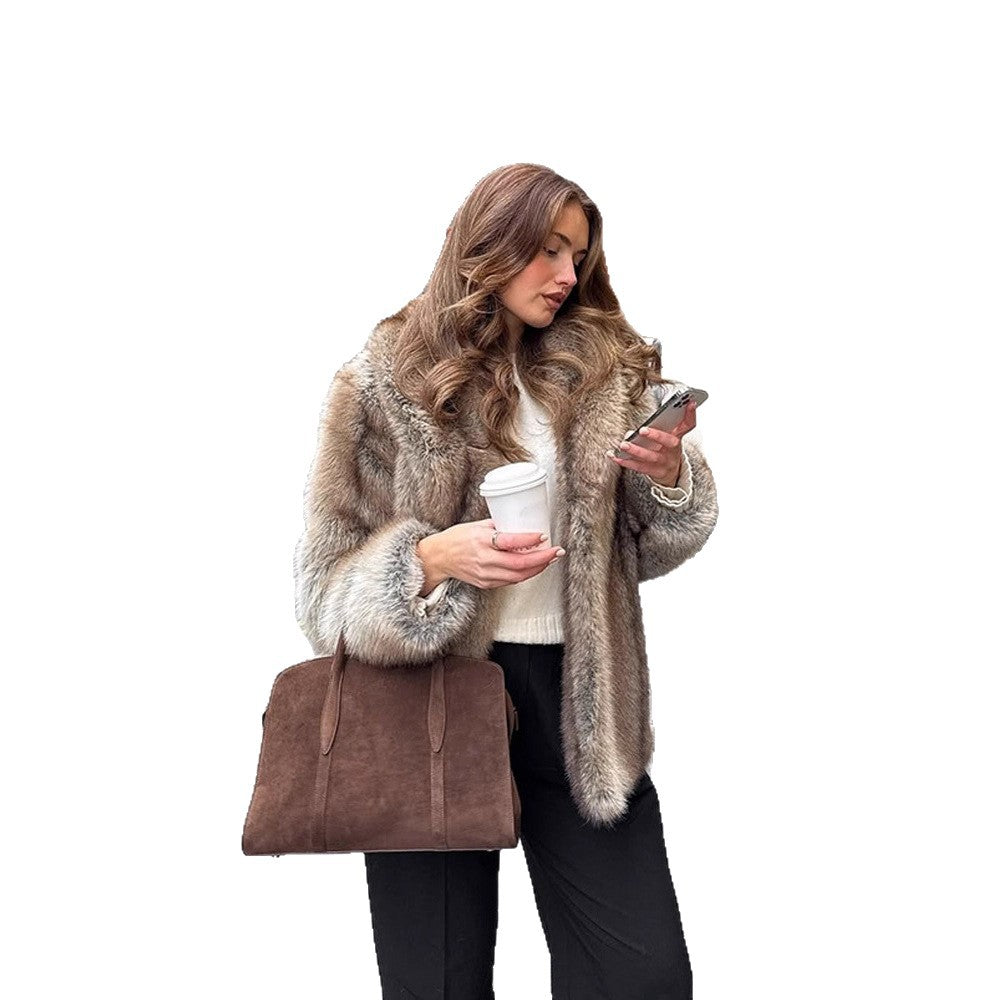 Women Boxy Faux Fur Coat with Luxurious Shawl Collar and Warm Padding EVA-US