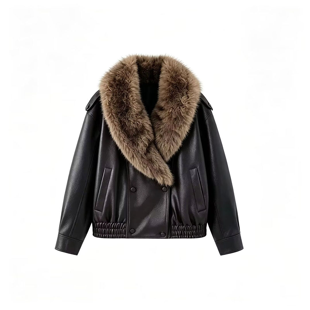 Women's Faux Leather Bomber Jacket with Large Faux Fur Collar EVA-US
