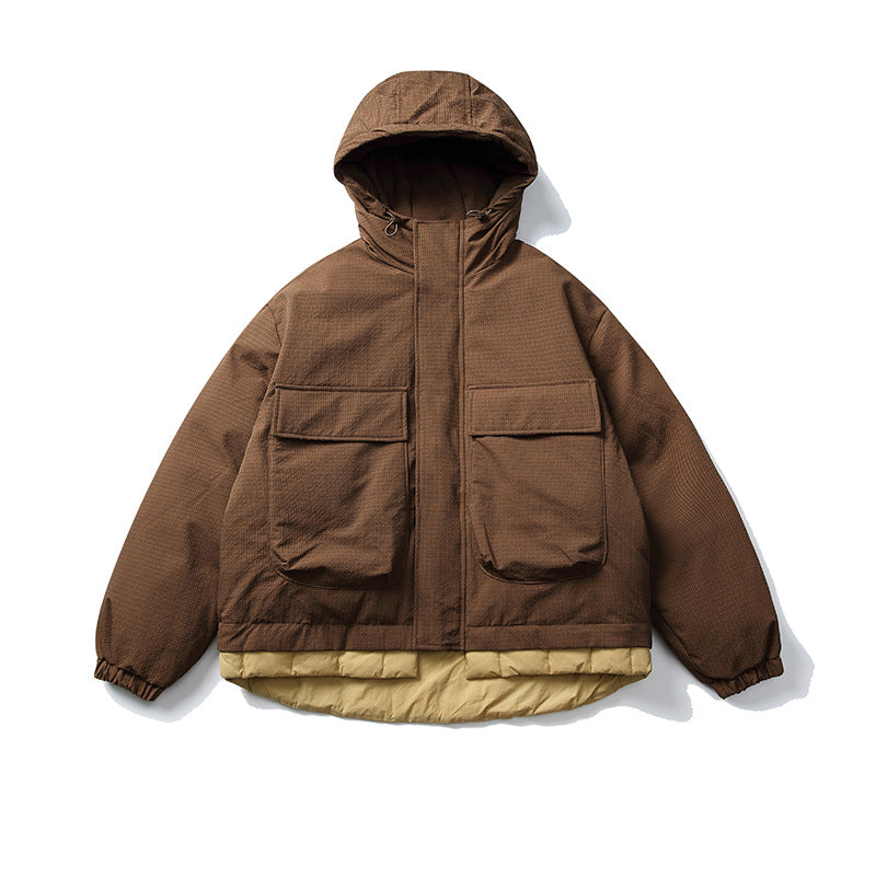 Unisex Short cut padded hoodie jacket in material mix with patch pockets EVA-US