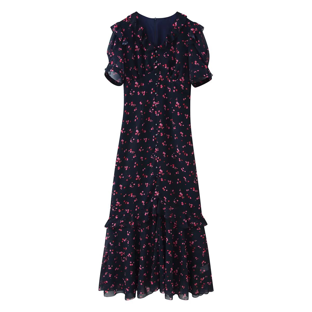 Women’s maxi dress with ruffles, V-neck and floral chiffon look EVA-US