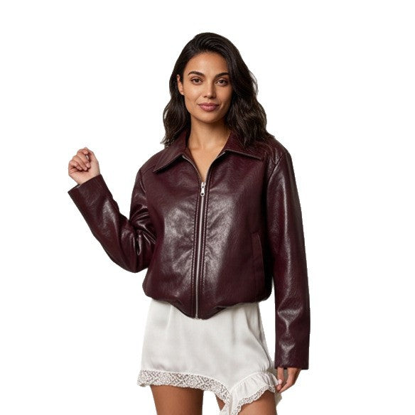 Women's short jacket made of vegan smooth leather look with pointed shirt collar and front zipper EVA-US