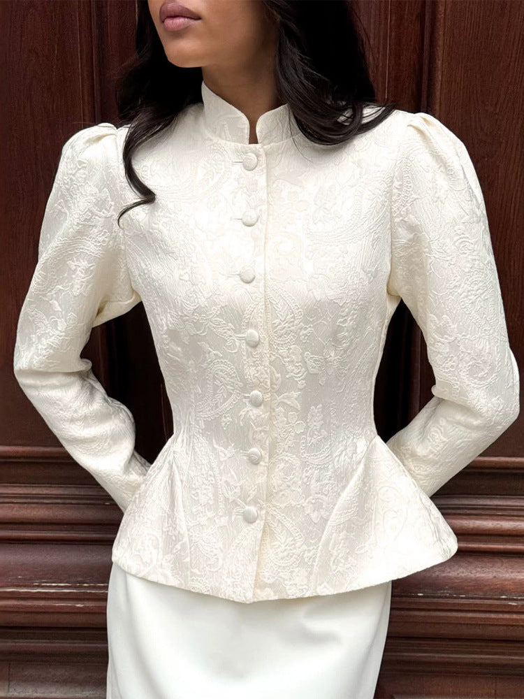 Women's tailored jacquard blouse with stand-up collar and decorative button placket EVA-US