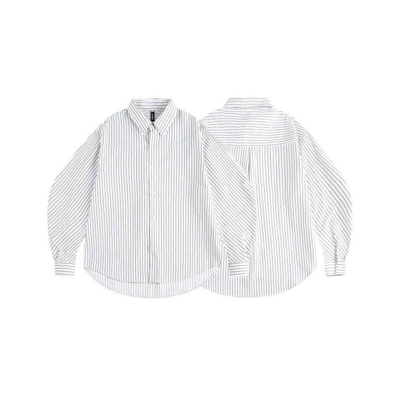 Women Oversize Shirt Blouse with fine pinstripe, balloon sleeves, and rounded hem