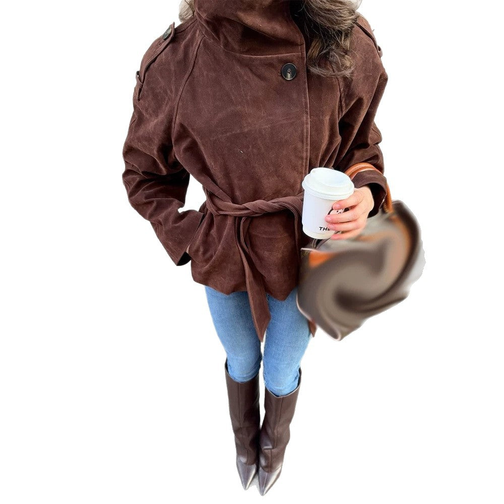 Women's short jacket made of suede with a high stand-up collar and tie belt EVA-US