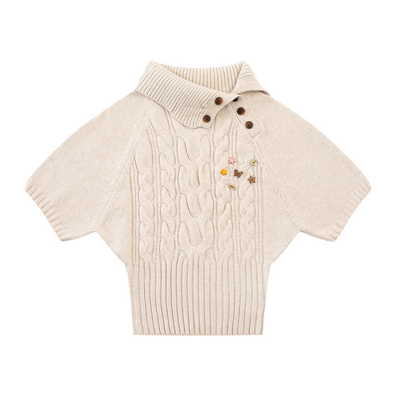 Women's Short-Sleeved Cable Knit Sweater Top with Stand Collar and Button Placket EVA-US