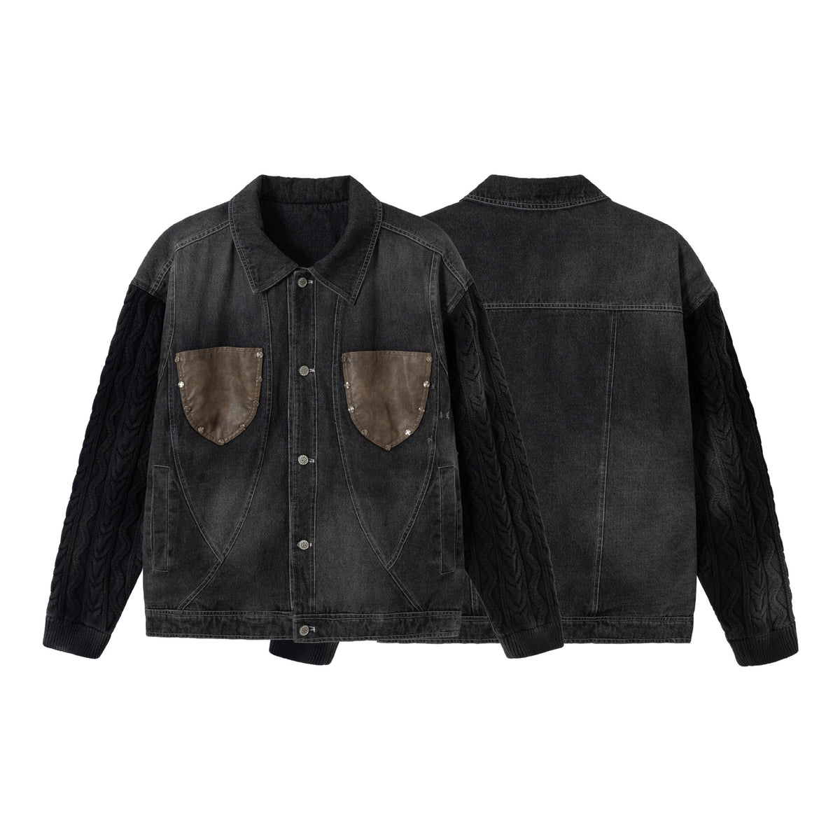 Men's denim jacket with applied leather chest pockets and cable knit sleeves EVA-US