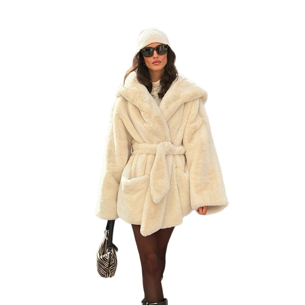 Women's Oversize Teddy Coat with Extra Large Shawl Collar and Wrap Belt EVA-US