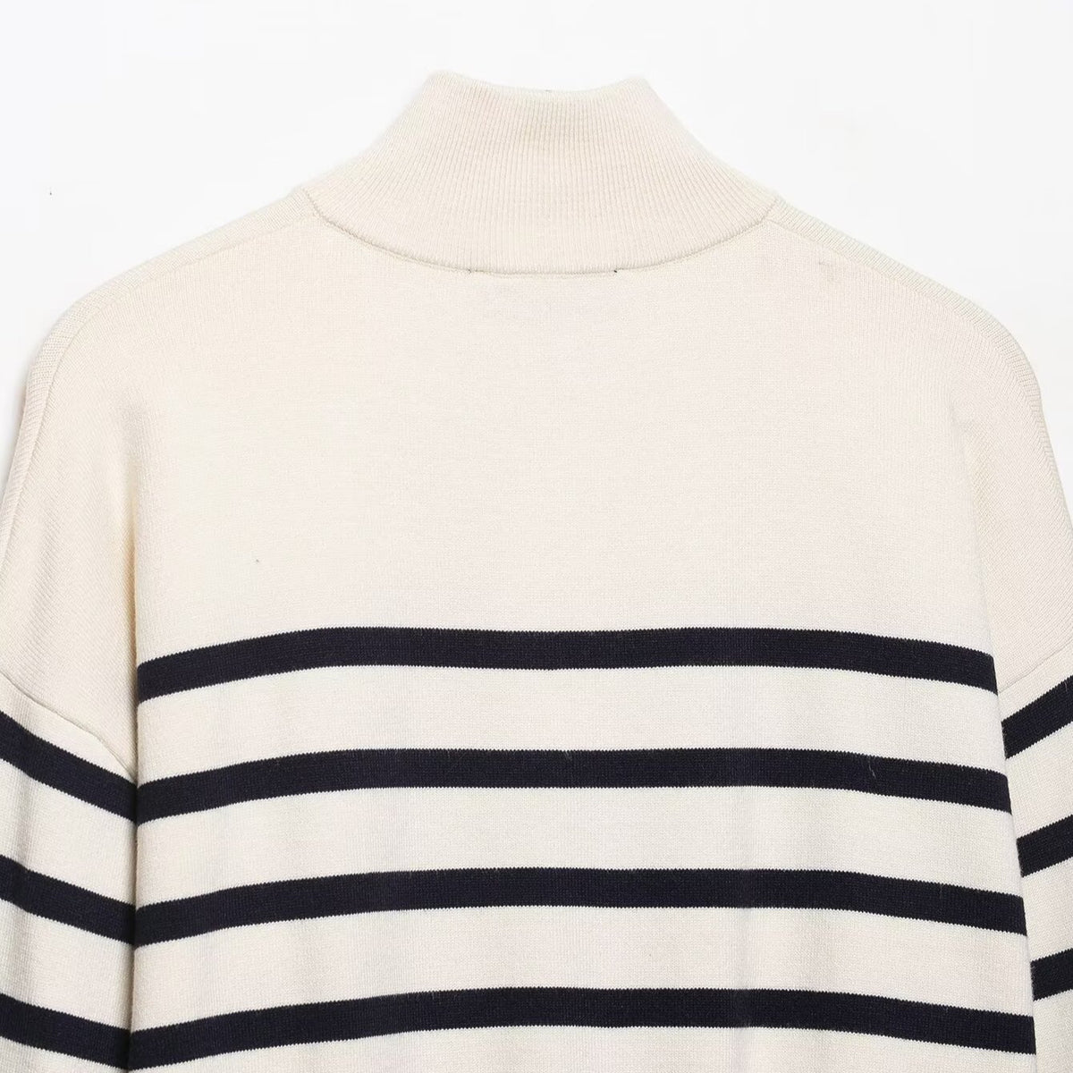 Women's Cropped Boxy Knit Sweater with Half Zipper, Stand Collar and Wide Stripes